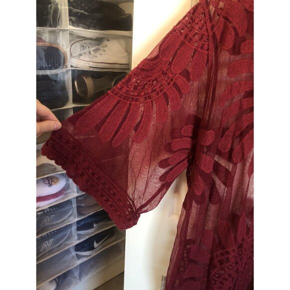 Francescas Lace Duster Kimono Cover-Up Womens OS Burgundy Boho Sheer Hippie Mesh - Picture 3 of 9